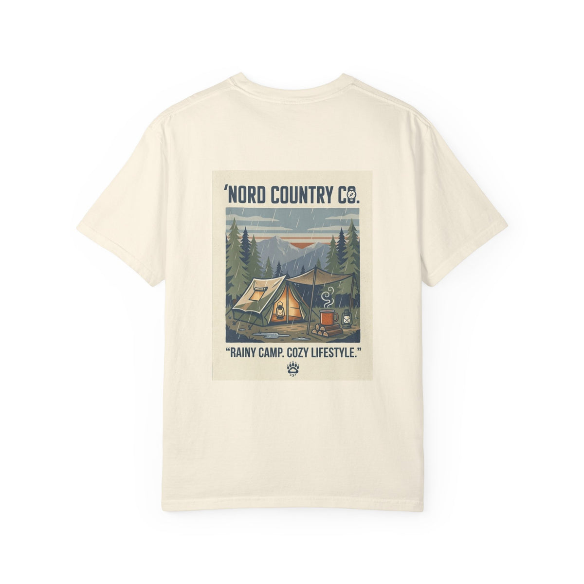 Camping Graphic T-Shirt — "Rainy Camp, Cozy Lifestyle" Back Print