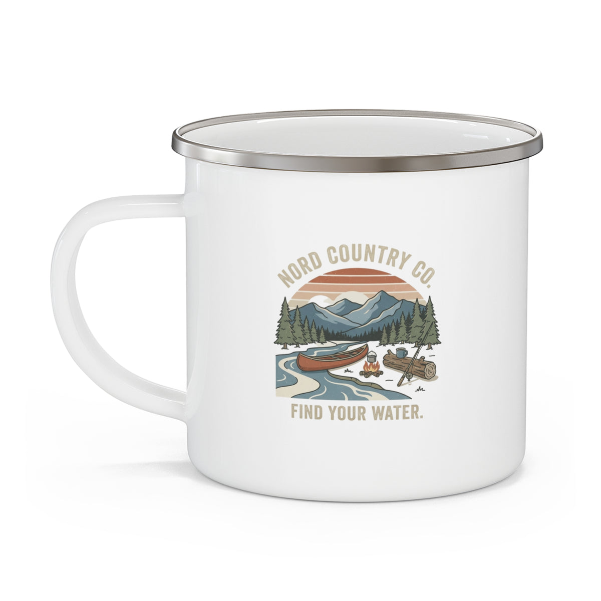 Tasse de Camping en Émail — Find Your Water Canot et Montagne