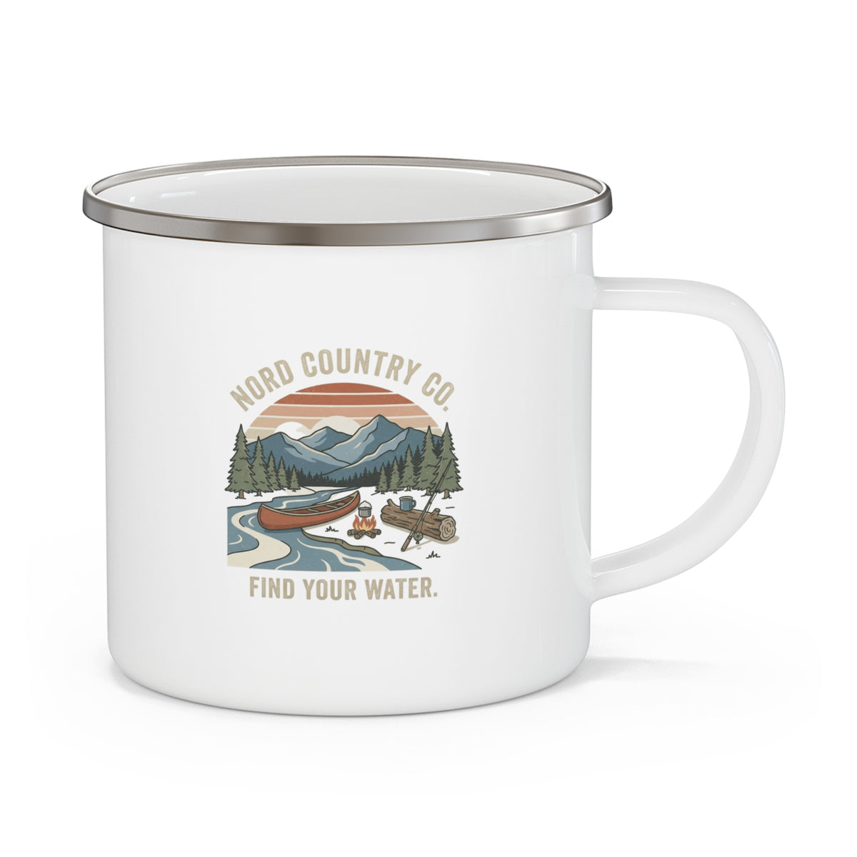 Tasse de Camping en Émail — Find Your Water Canot et Montagne