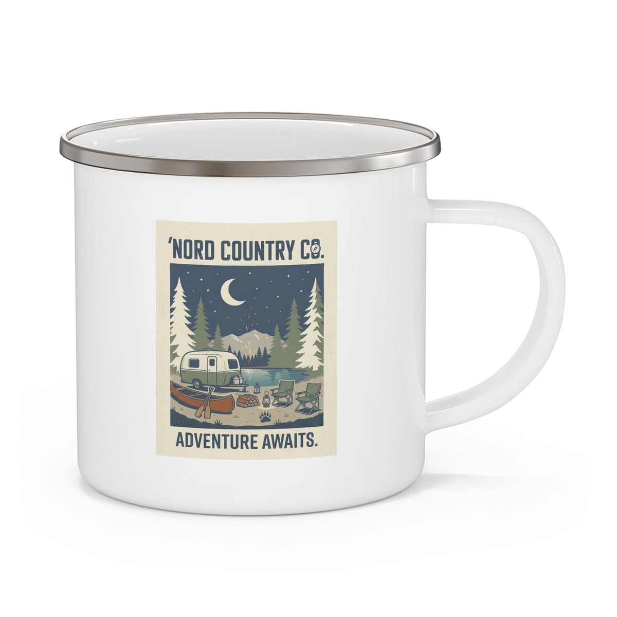 Tasse de Camping en Émail — Adventure Awaits Camping-Car Vintage