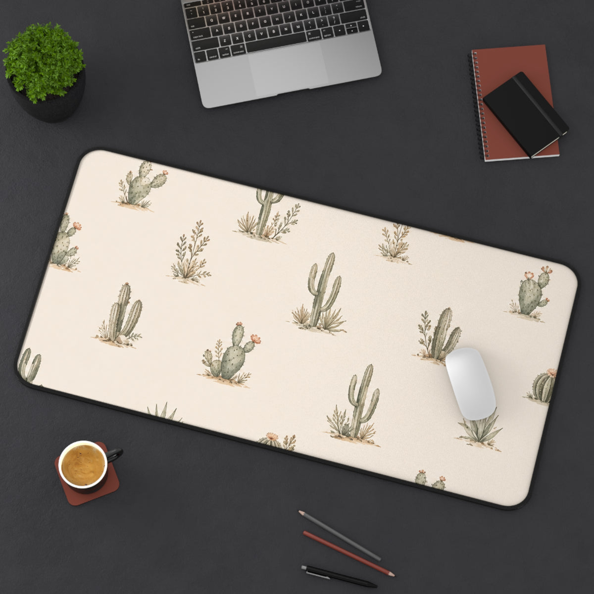 Desert Bloom Cactus Desk Mat — Soft Neutral Southwestern Mouse Pad