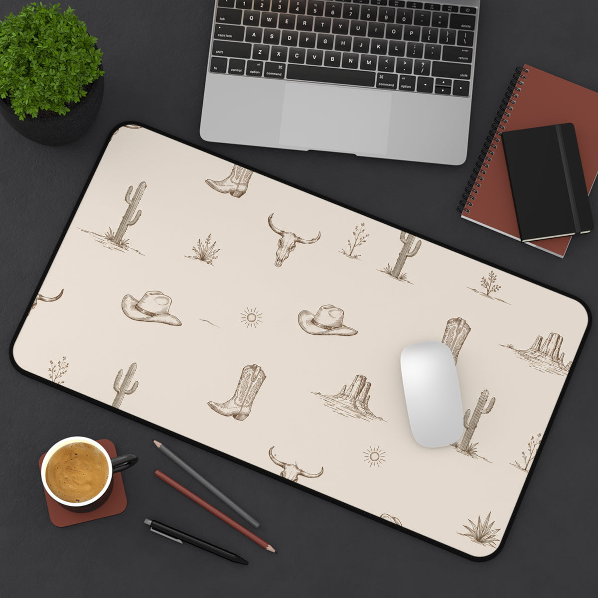 Western Desert Desk Mat – Cowboy Boots, Cactus & Skull Pattern