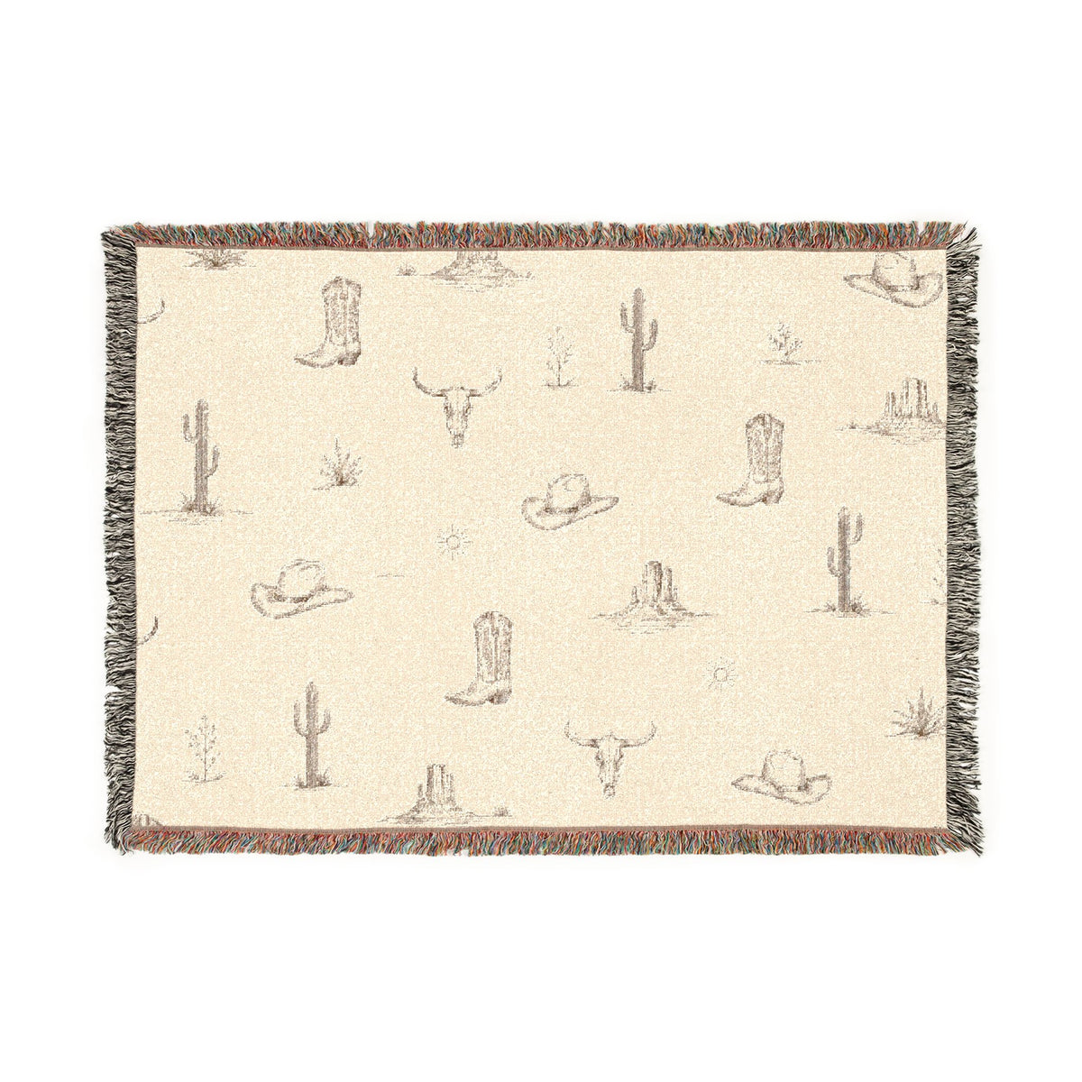 Jeté Tissé Icônes du Désert — Cactus, Chapeau de Cowboy et Crâne de Longhorn — Nord Country Co.