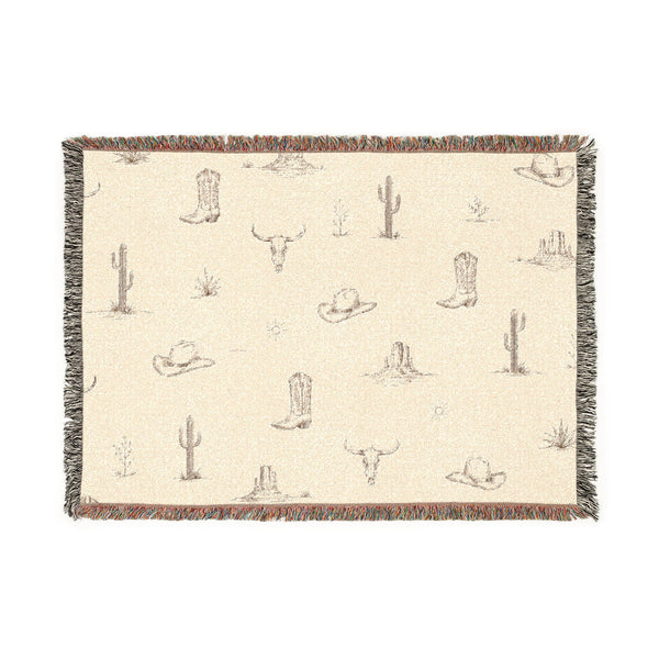 Desert Icons Woven Blanket — Southwestern Cactus, Cowboy Hat & Bull Skull Throw