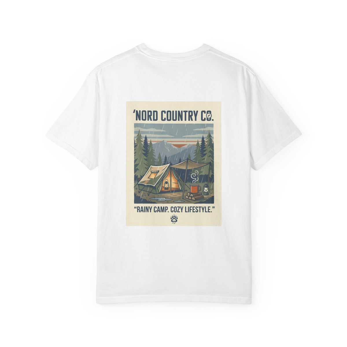 Camping Graphic T-Shirt — "Rainy Camp, Cozy Lifestyle" Back Print