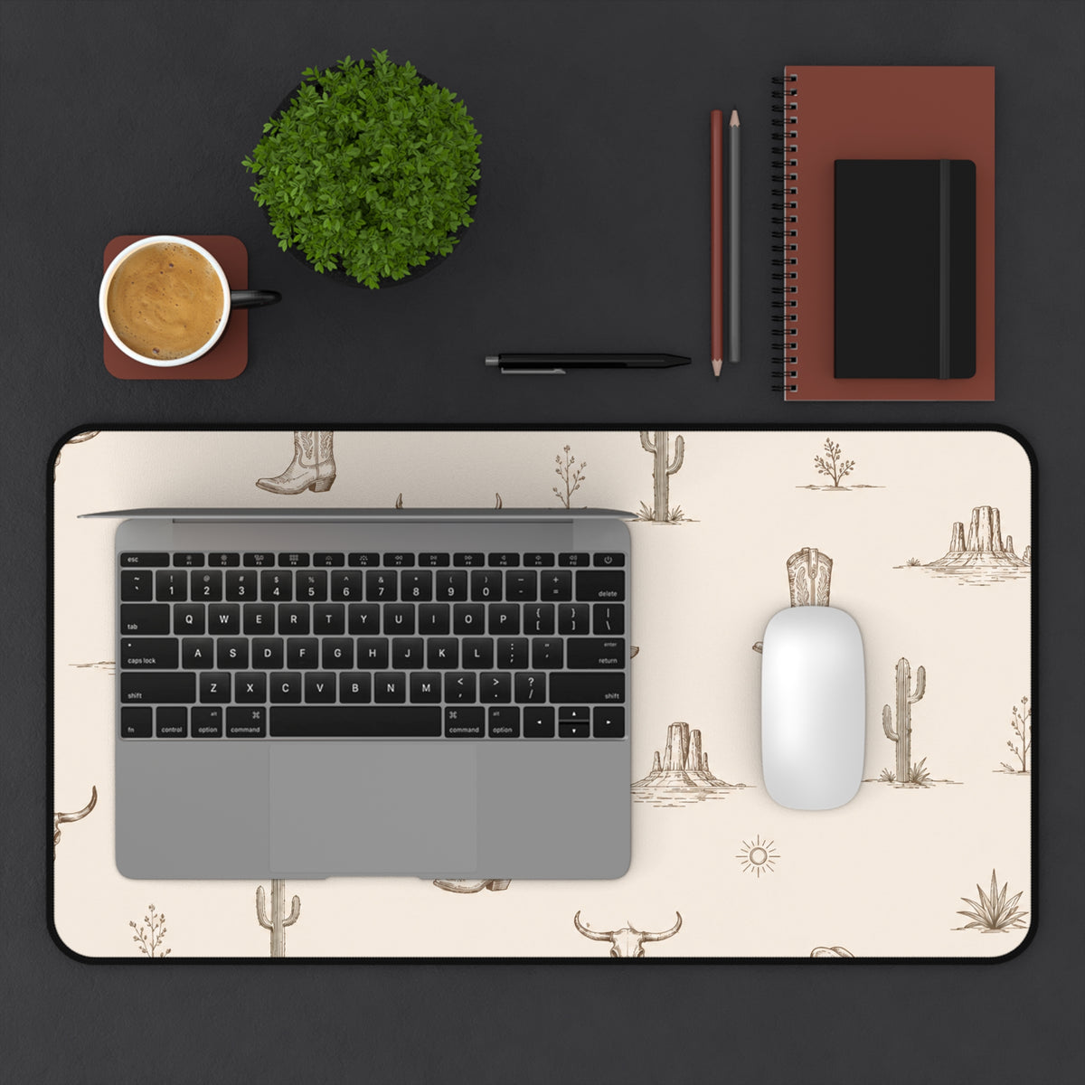 Western Desert Desk Mat – Cowboy Boots, Cactus & Skull Pattern