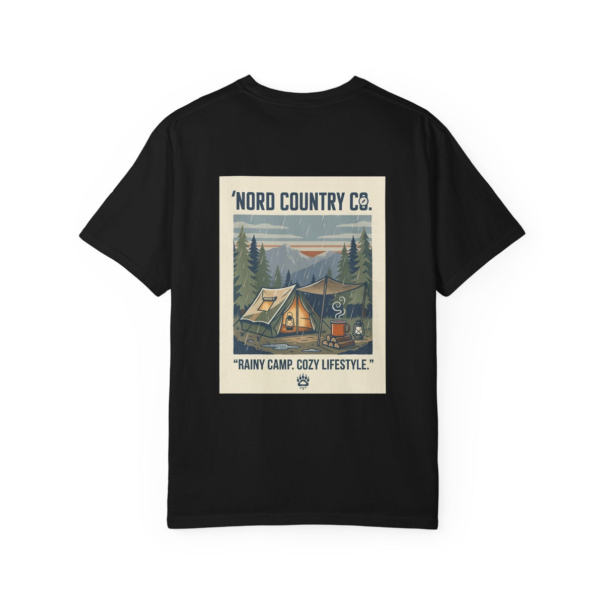 Camping Graphic T-Shirt — "Rainy Camp, Cozy Lifestyle" Back Print
