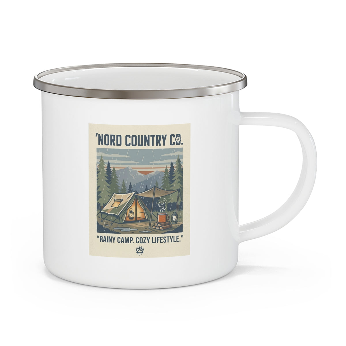 Tasse de Camping en Émail — Tente Vintage Rainy Camp Cozy Lifestyle