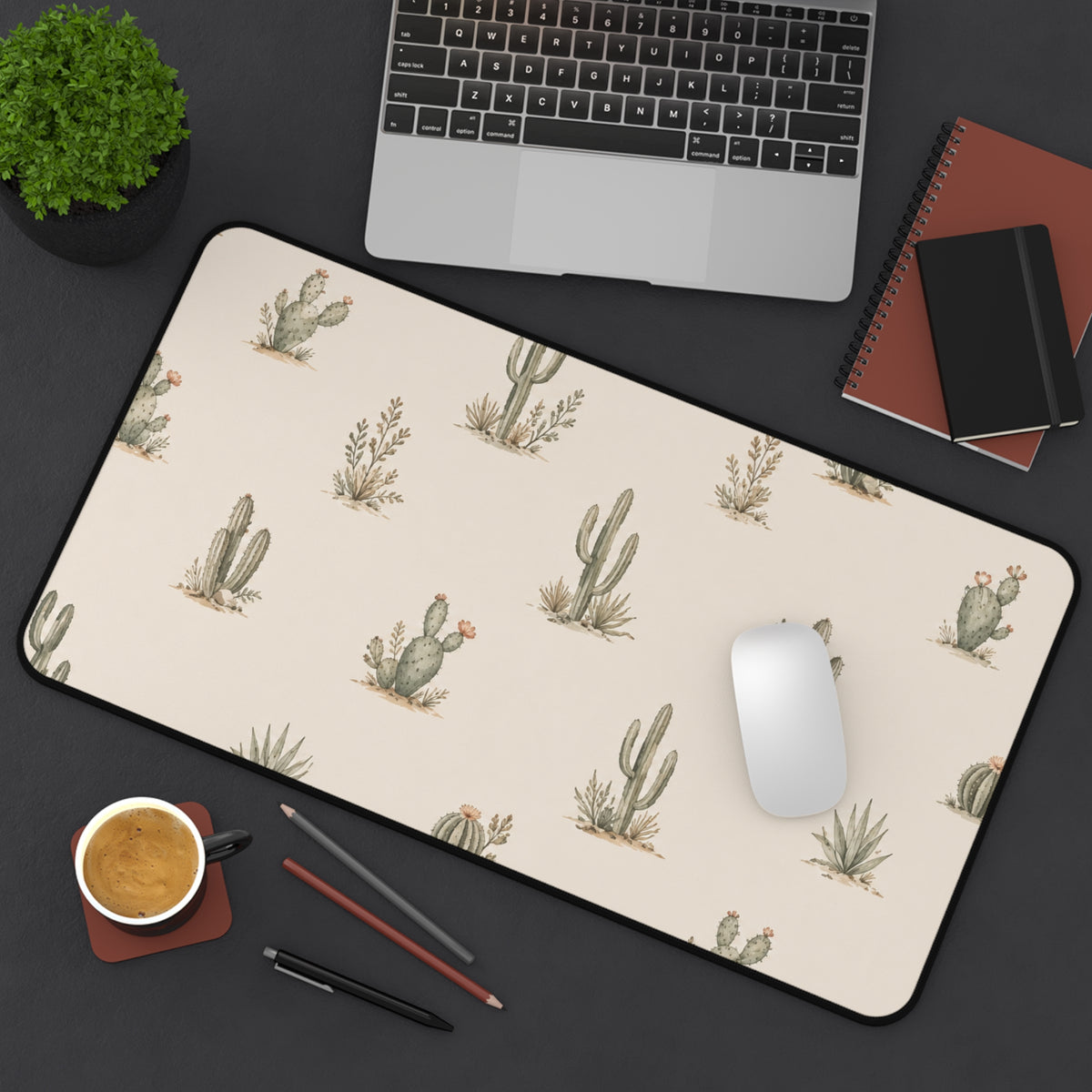 Desert Bloom Cactus Desk Mat — Soft Neutral Southwestern Mouse Pad