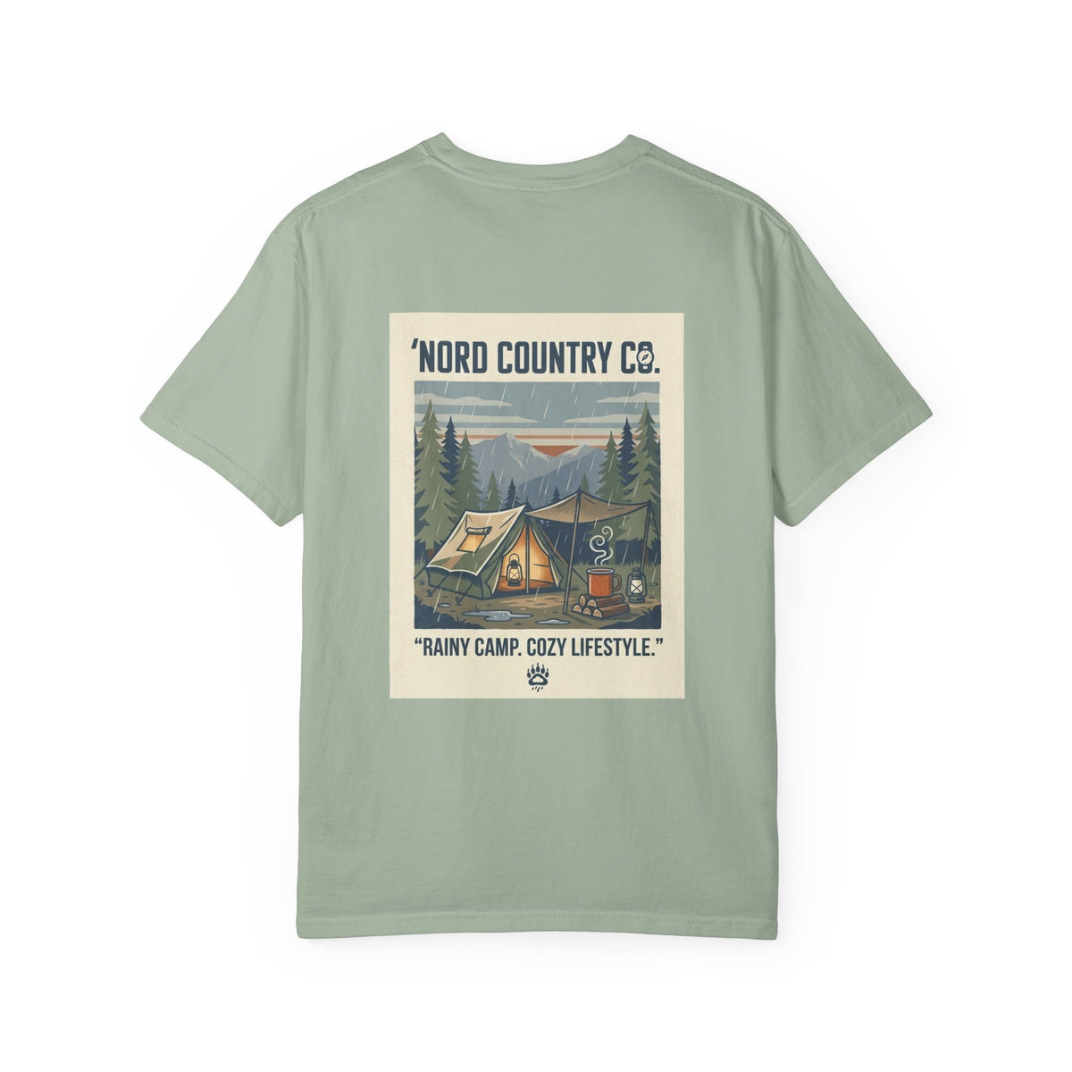 Camping Graphic T-Shirt — "Rainy Camp, Cozy Lifestyle" Back Print