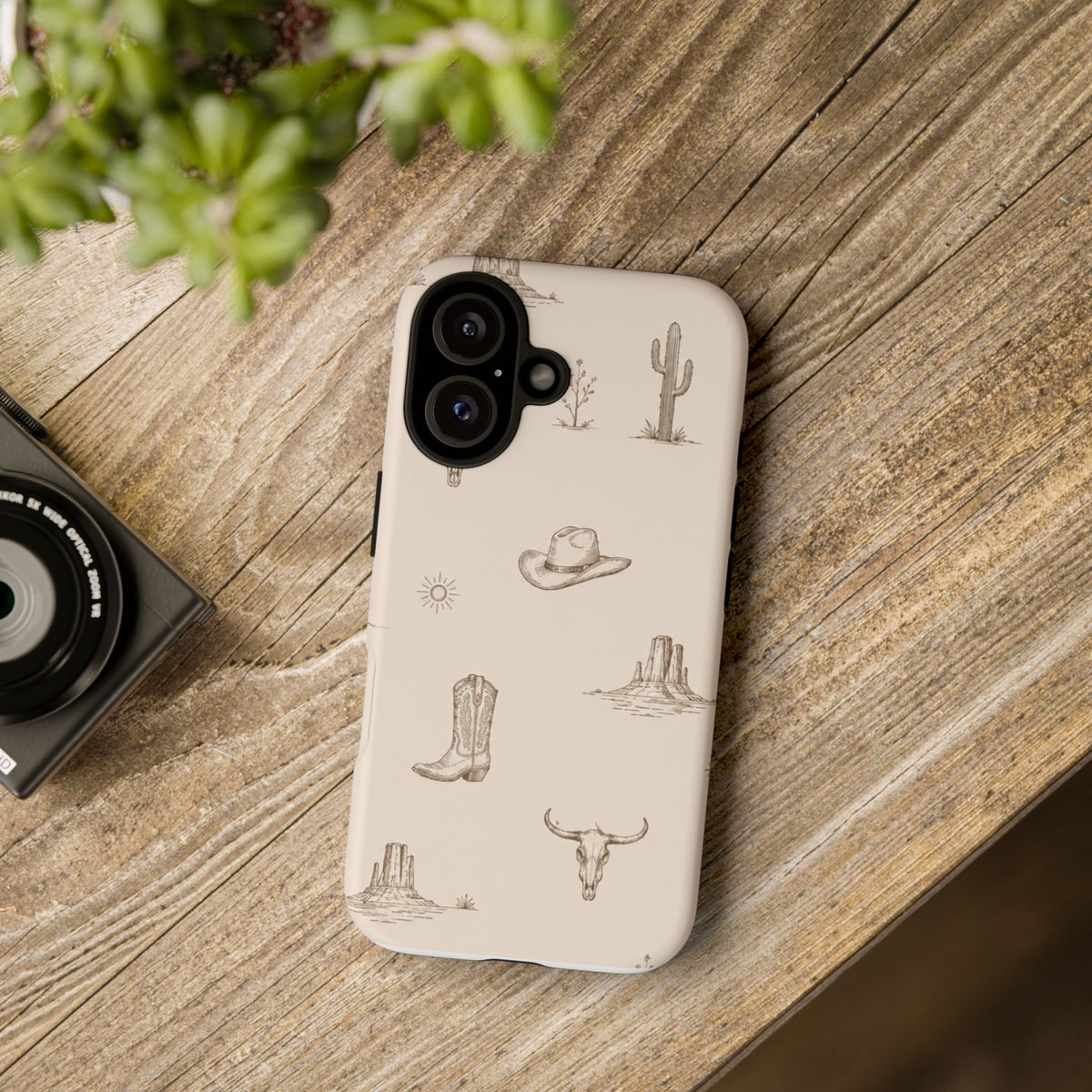 Western Desert Phone Case — Cowboy Boots, Cactus & Skull Pattern
