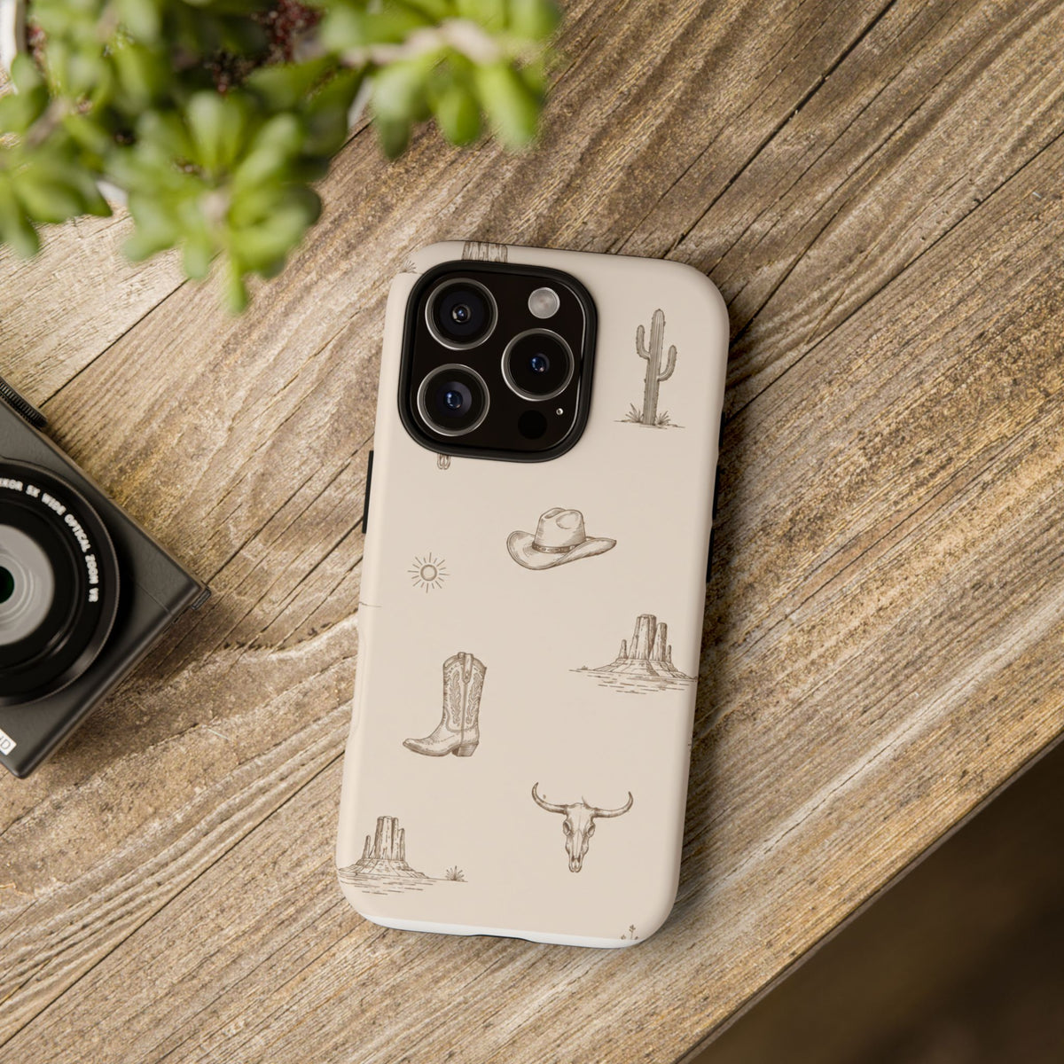 Western Desert Phone Case — Cowboy Boots, Cactus & Skull Pattern