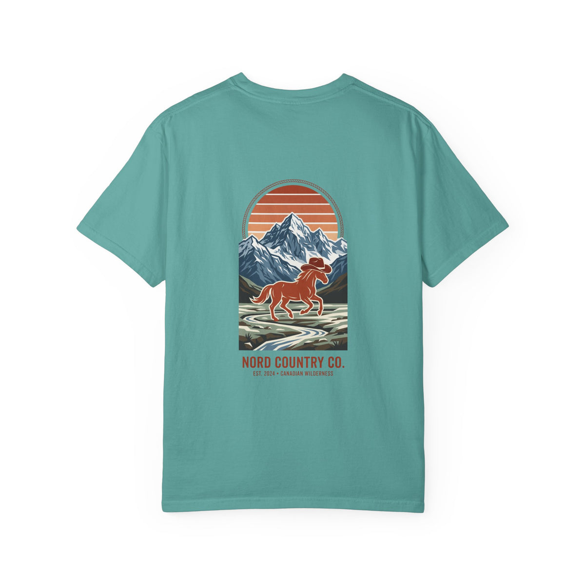 Nord Country Co. Cowboy Horse T-Shirt — Retro Mountain Sunset Graphic Tee