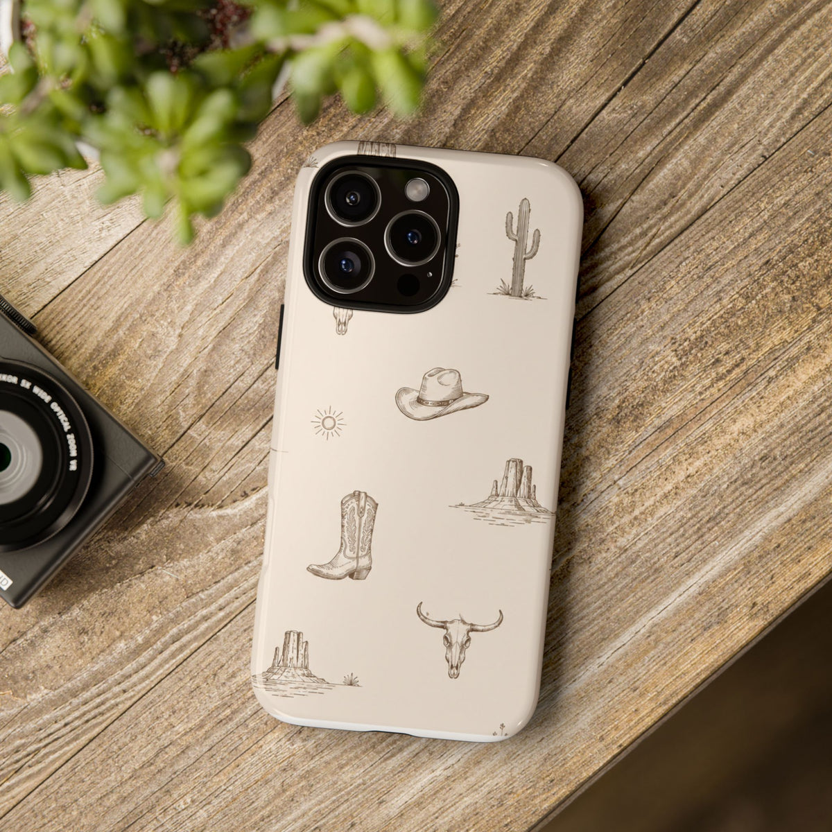 Western Desert Phone Case — Cowboy Boots, Cactus & Skull Pattern