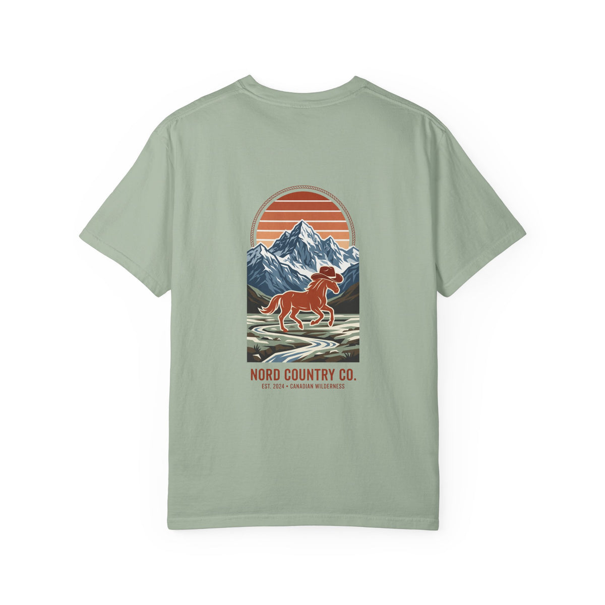 Nord Country Co. Cowboy Horse T-Shirt — Retro Mountain Sunset Graphic Tee