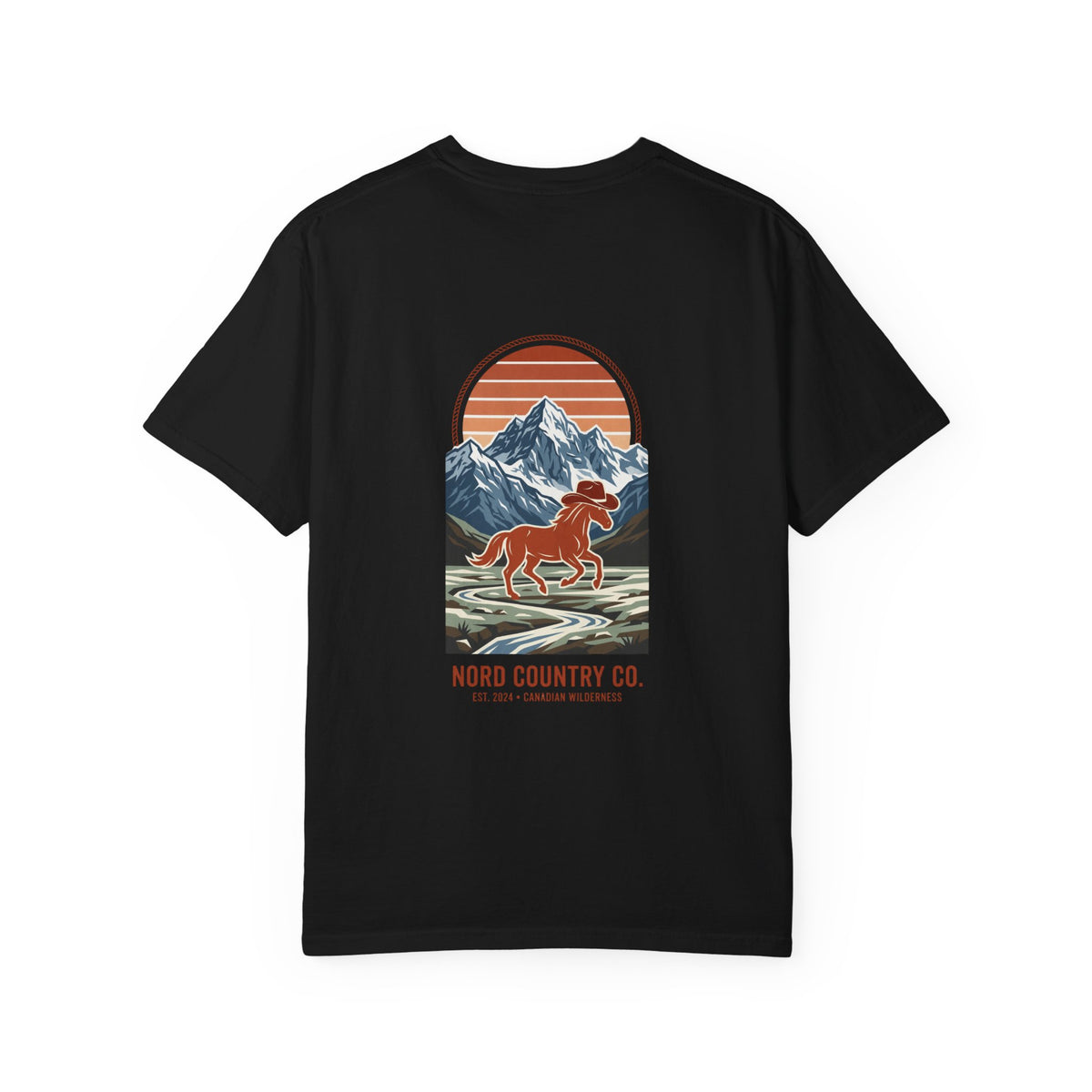 Nord Country Co. Cowboy Horse T-Shirt — Retro Mountain Sunset Graphic Tee