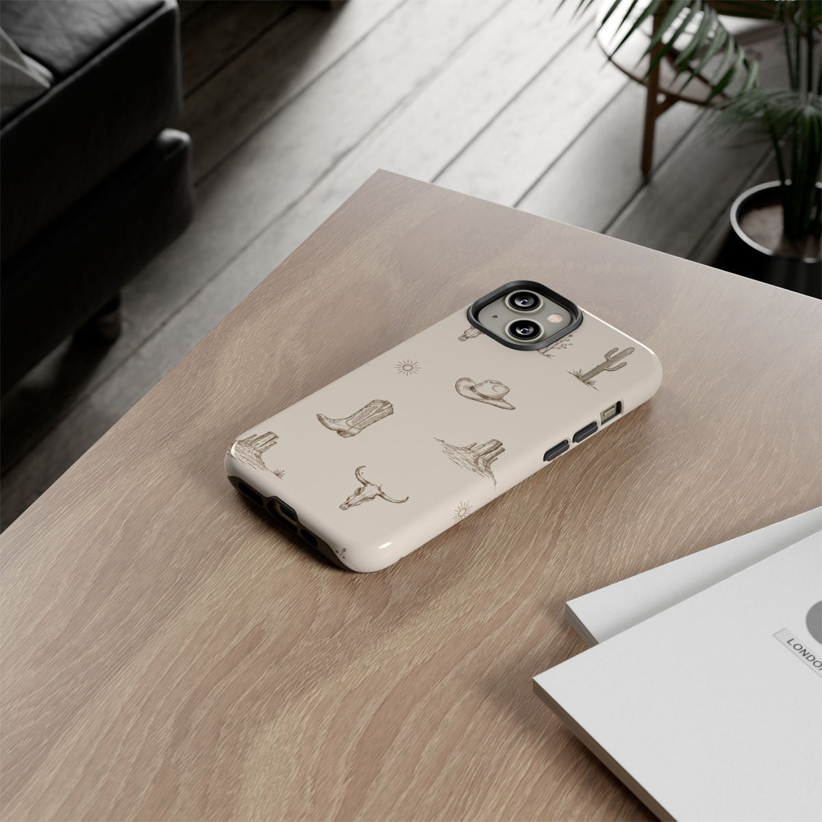 Western Desert Phone Case — Cowboy Boots, Cactus & Skull Pattern