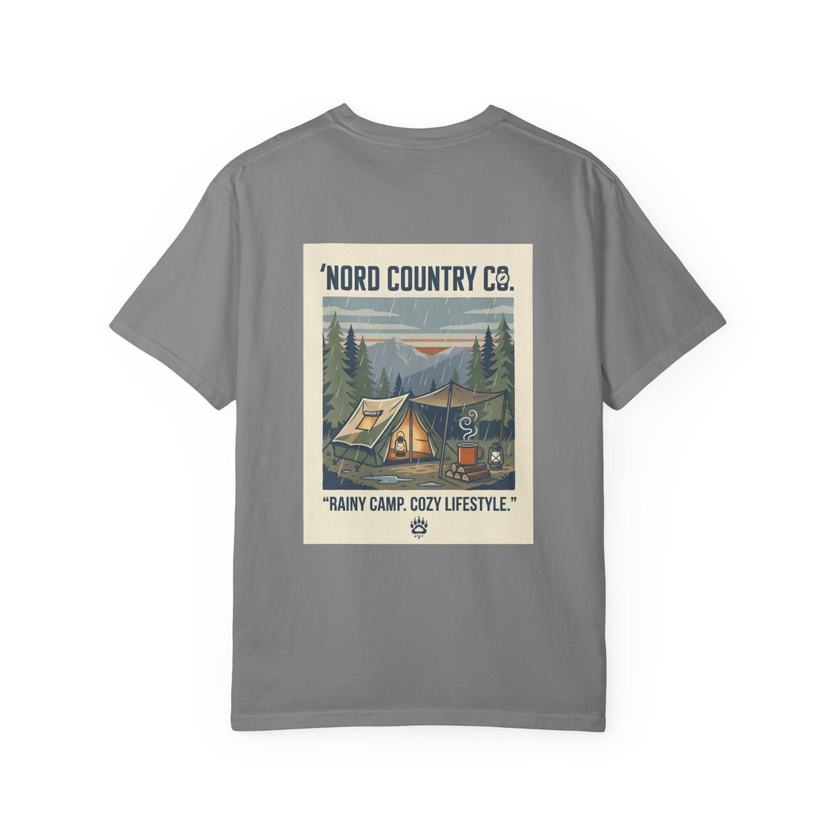 Camping Graphic T-Shirt — "Rainy Camp, Cozy Lifestyle" Back Print
