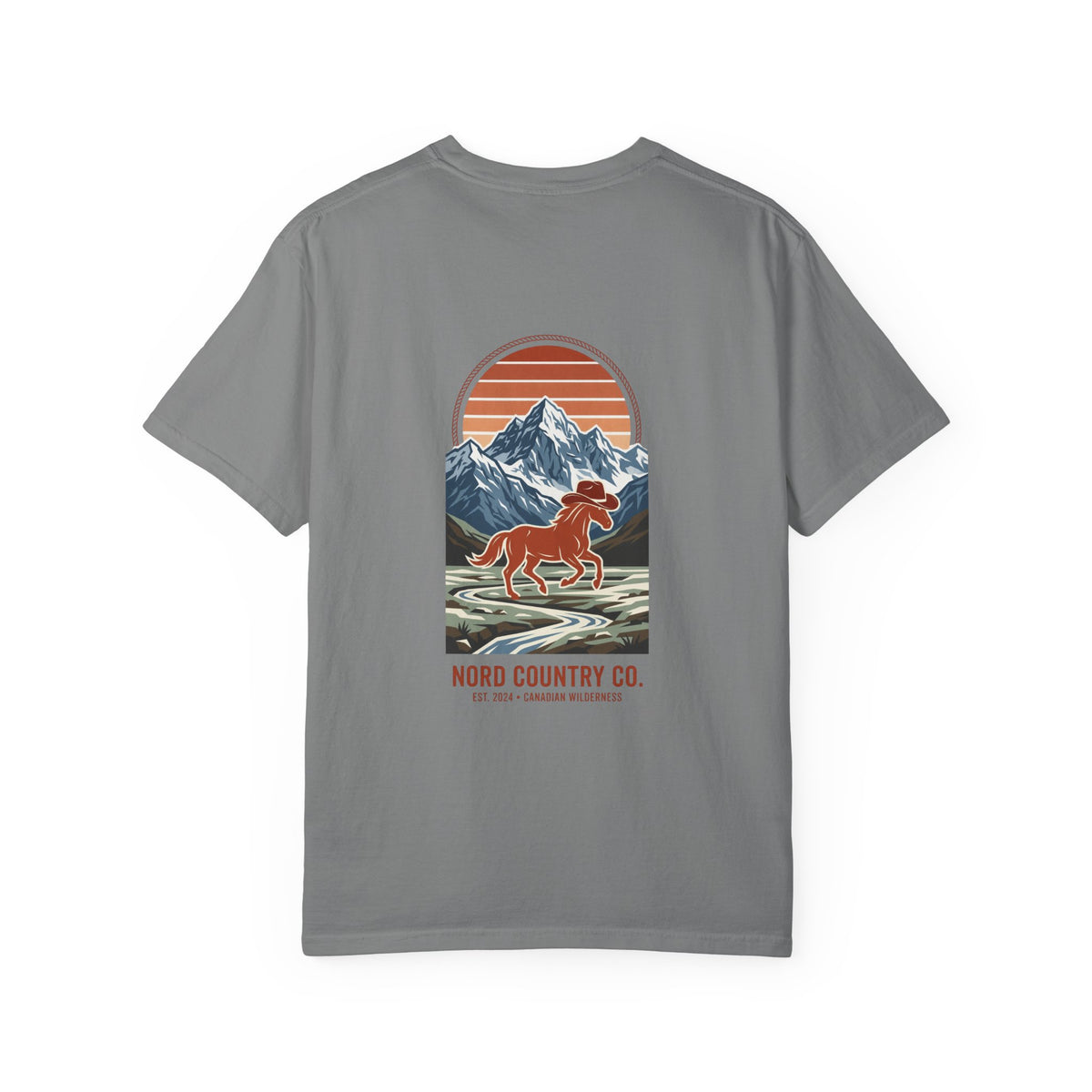 Nord Country Co. Cowboy Horse T-Shirt — Retro Mountain Sunset Graphic Tee