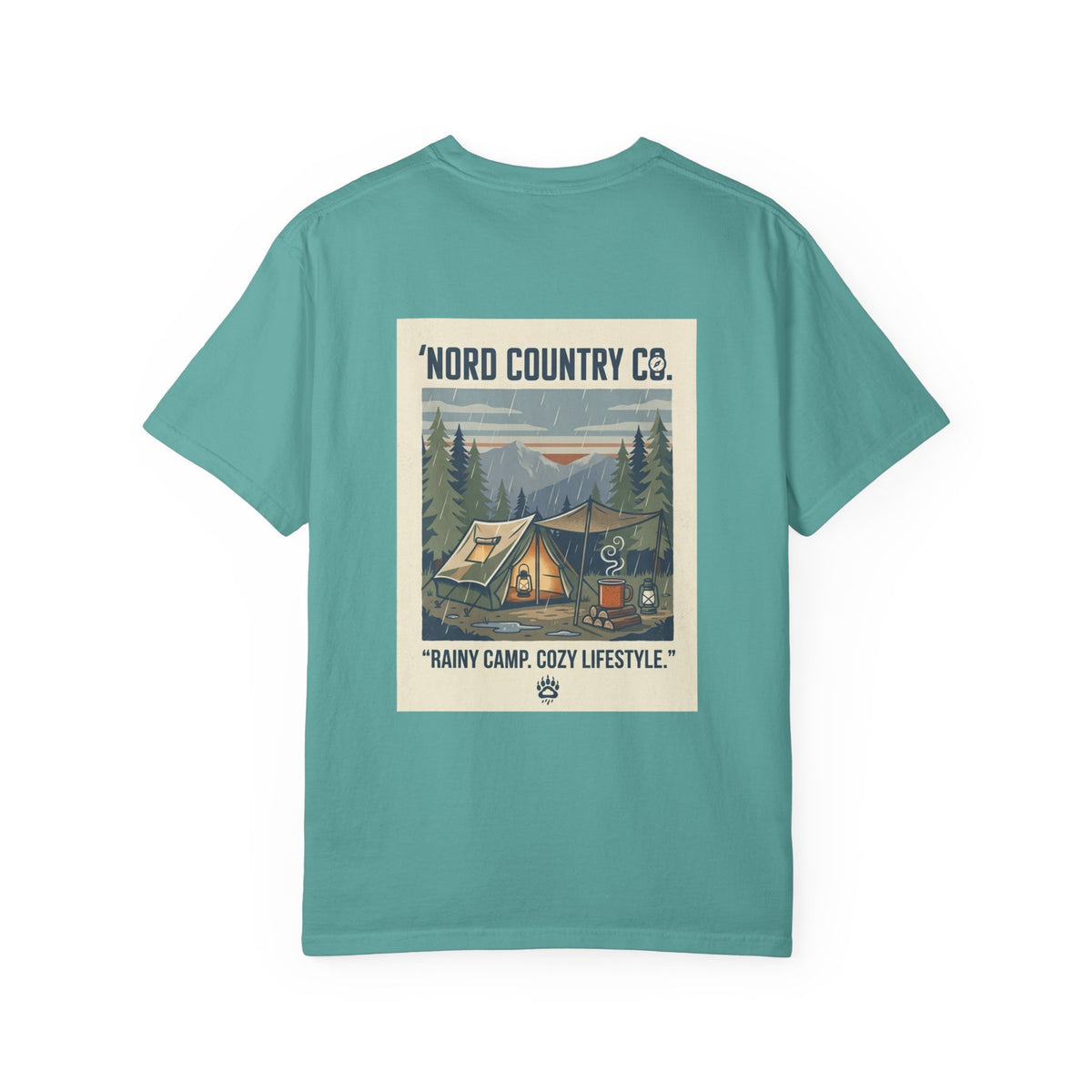 Camping Graphic T-Shirt — "Rainy Camp, Cozy Lifestyle" Back Print