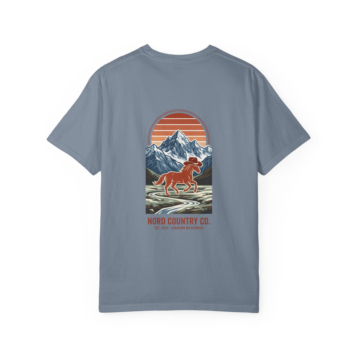Nord Country Co. Cowboy Horse T-Shirt — Retro Mountain Sunset Graphic Tee