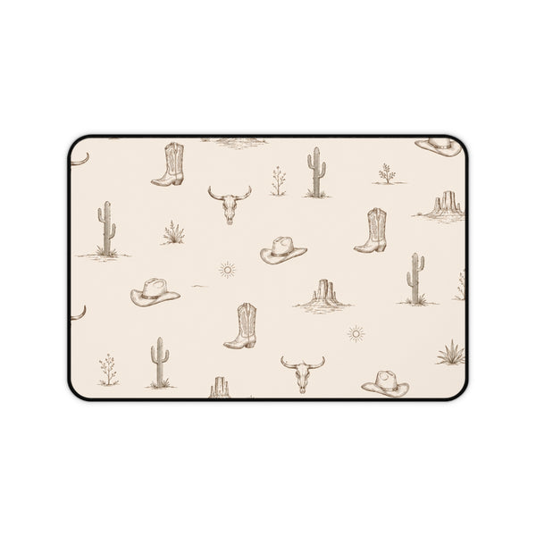 Western Desert Desk Mat – Cowboy Boots, Cactus & Skull Pattern