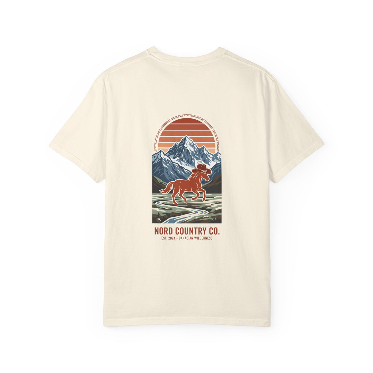 Nord Country Co. Cowboy Horse T-Shirt — Retro Mountain Sunset Graphic Tee