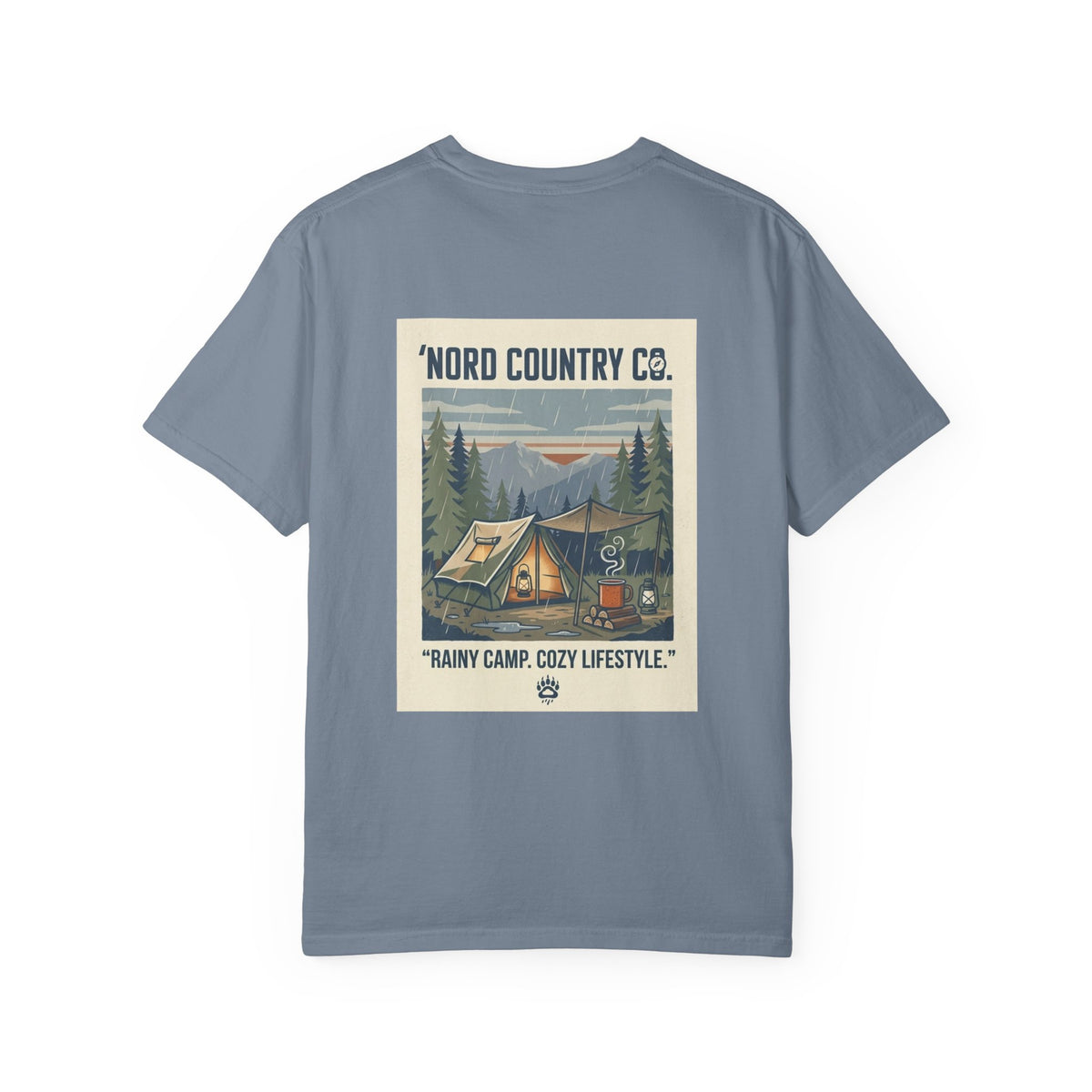 Camping Graphic T-Shirt — "Rainy Camp, Cozy Lifestyle" Back Print