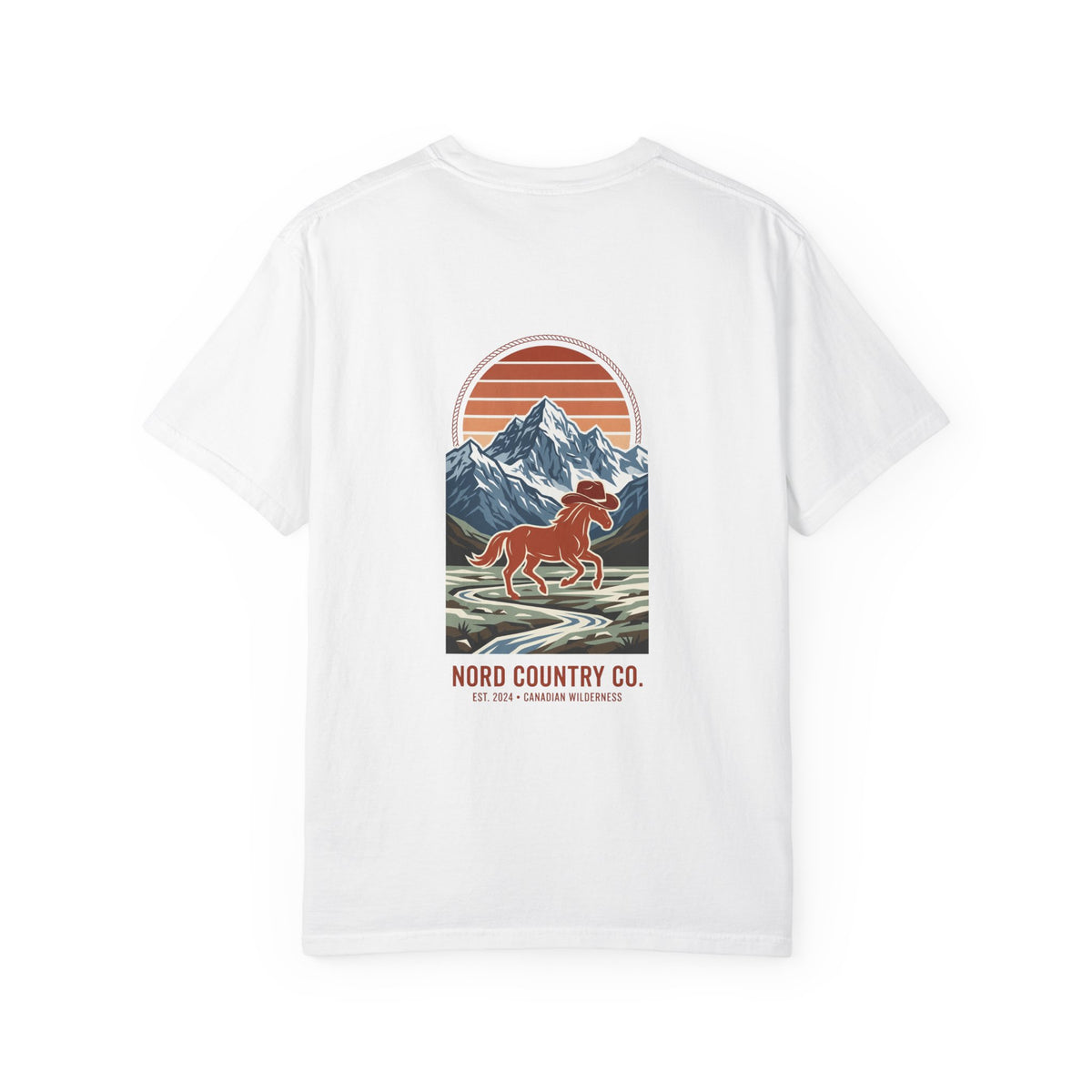 Nord Country Co. Cowboy Horse T-Shirt — Retro Mountain Sunset Graphic Tee