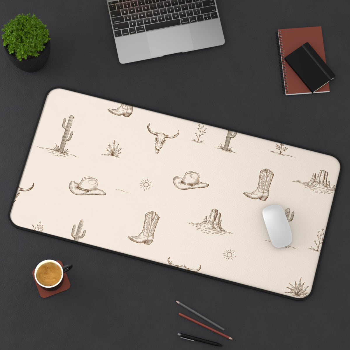 Western Desert Desk Mat – Cowboy Boots, Cactus & Skull Pattern