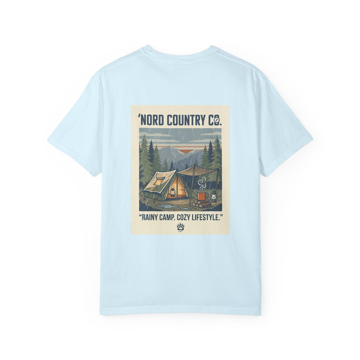 Camping Graphic T-Shirt — "Rainy Camp, Cozy Lifestyle" Back Print