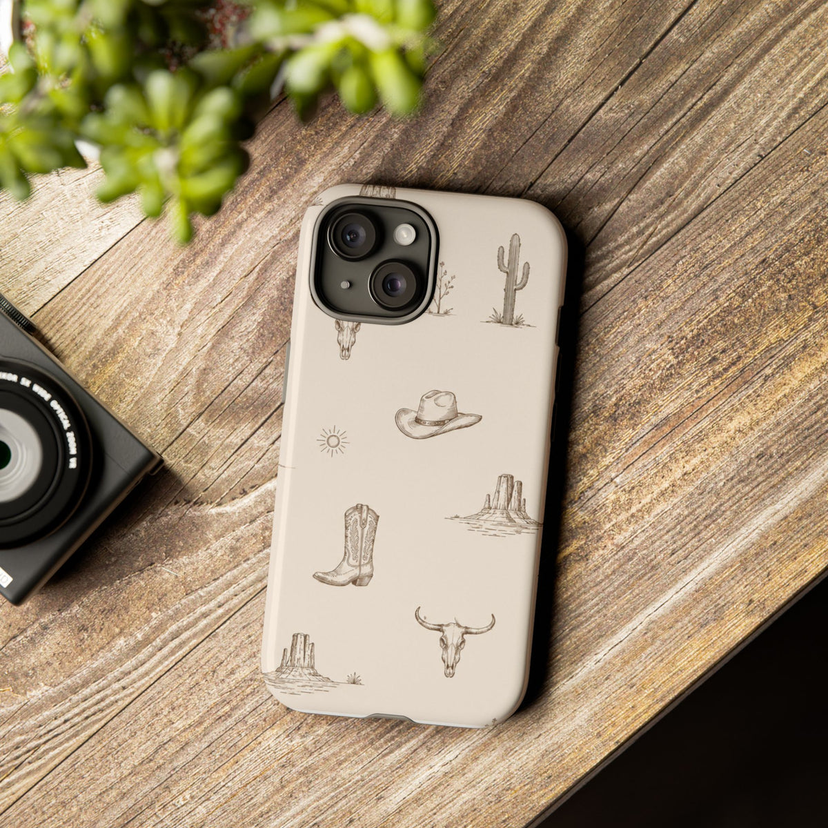 Western Desert Phone Case — Cowboy Boots, Cactus & Skull Pattern