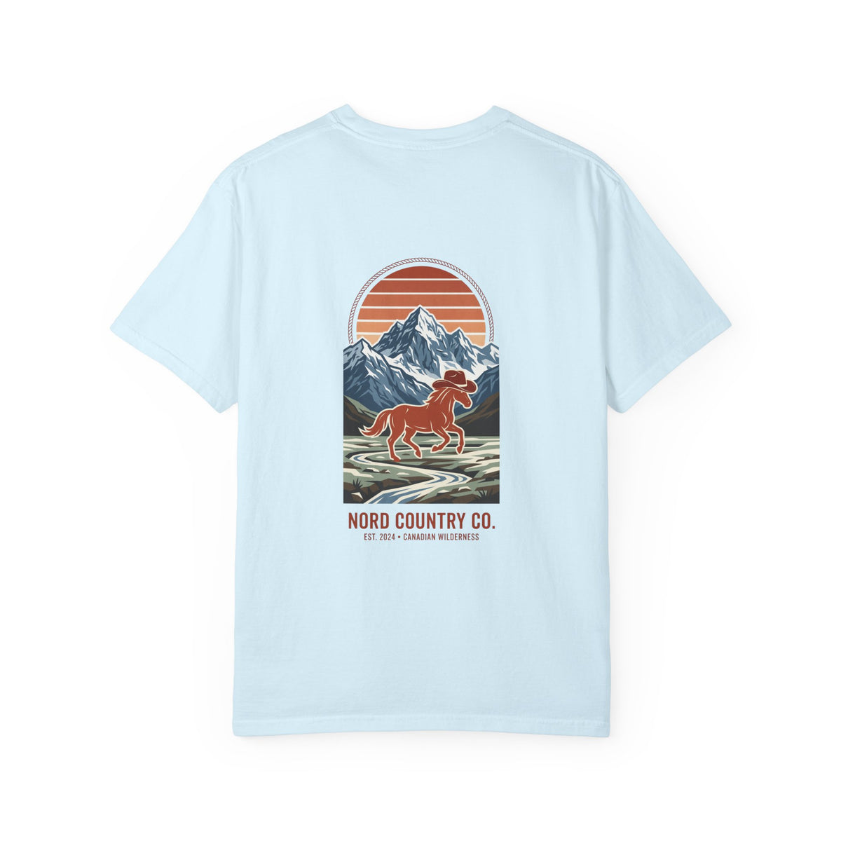 Nord Country Co. Cowboy Horse T-Shirt — Retro Mountain Sunset Graphic Tee