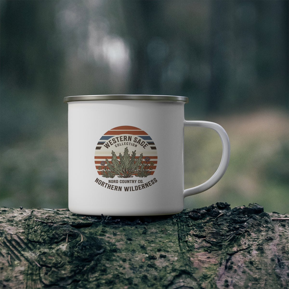 Tasse de Camping en Émail — Sauge Western Rétro