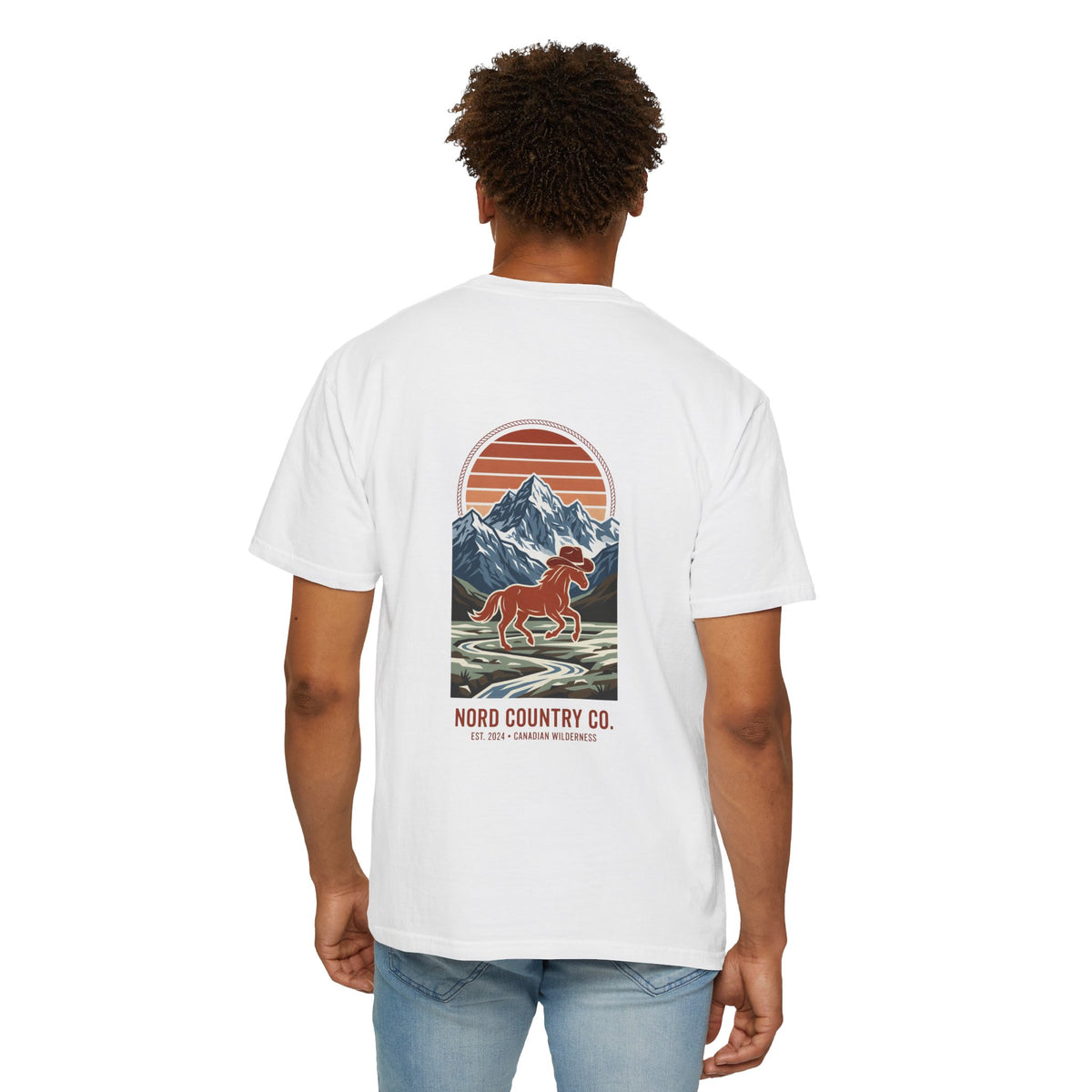Nord Country Co. Cowboy Horse T-Shirt — Retro Mountain Sunset Graphic Tee