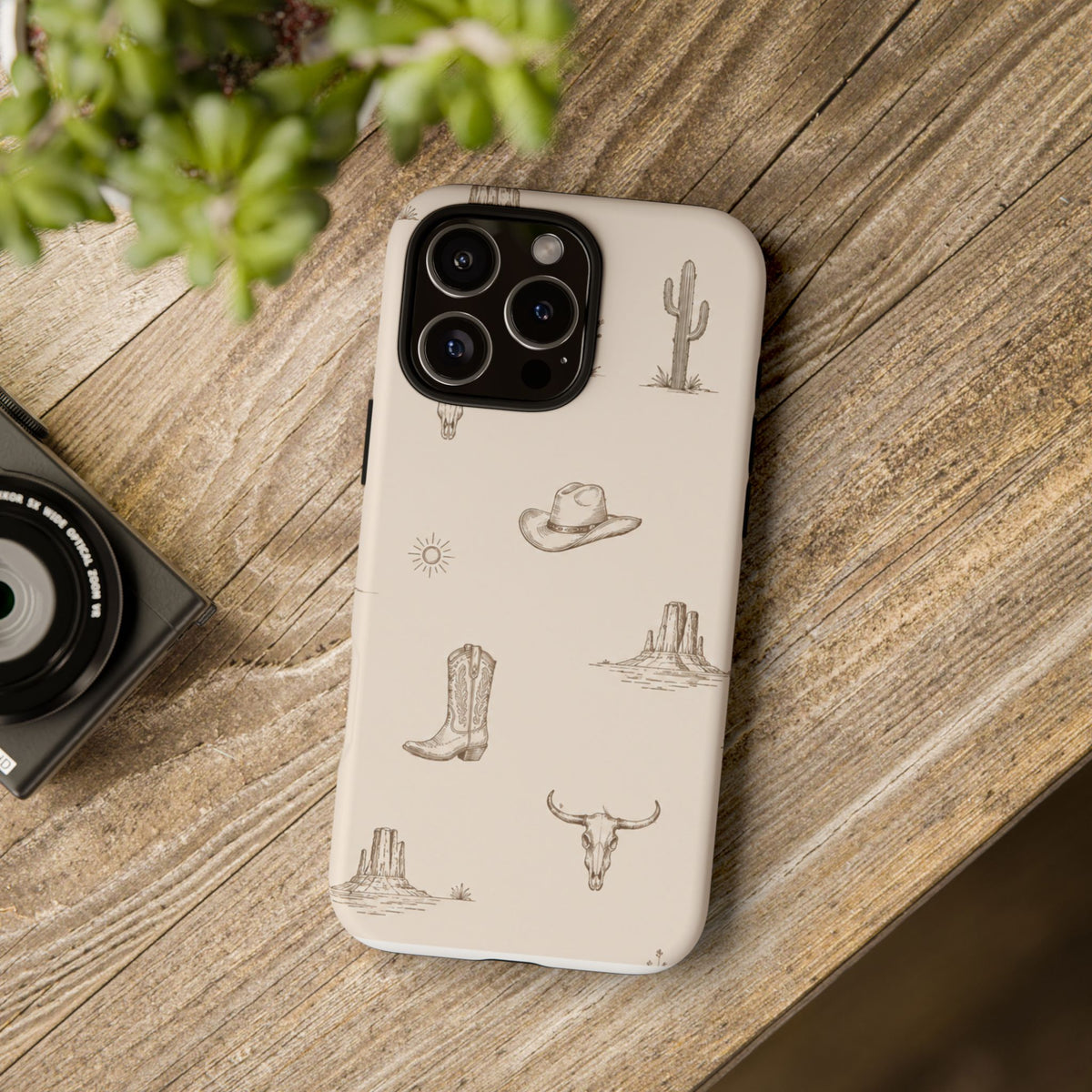 Western Desert Phone Case — Cowboy Boots, Cactus & Skull Pattern