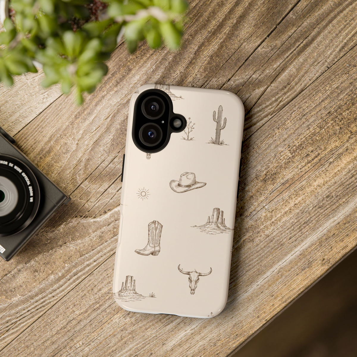 Western Desert Phone Case — Cowboy Boots, Cactus & Skull Pattern