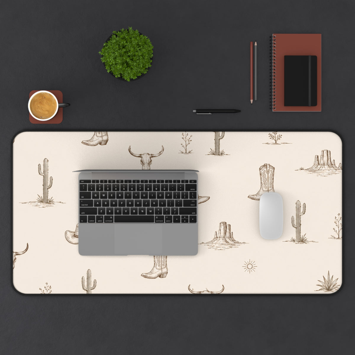 Western Desert Desk Mat – Cowboy Boots, Cactus & Skull Pattern
