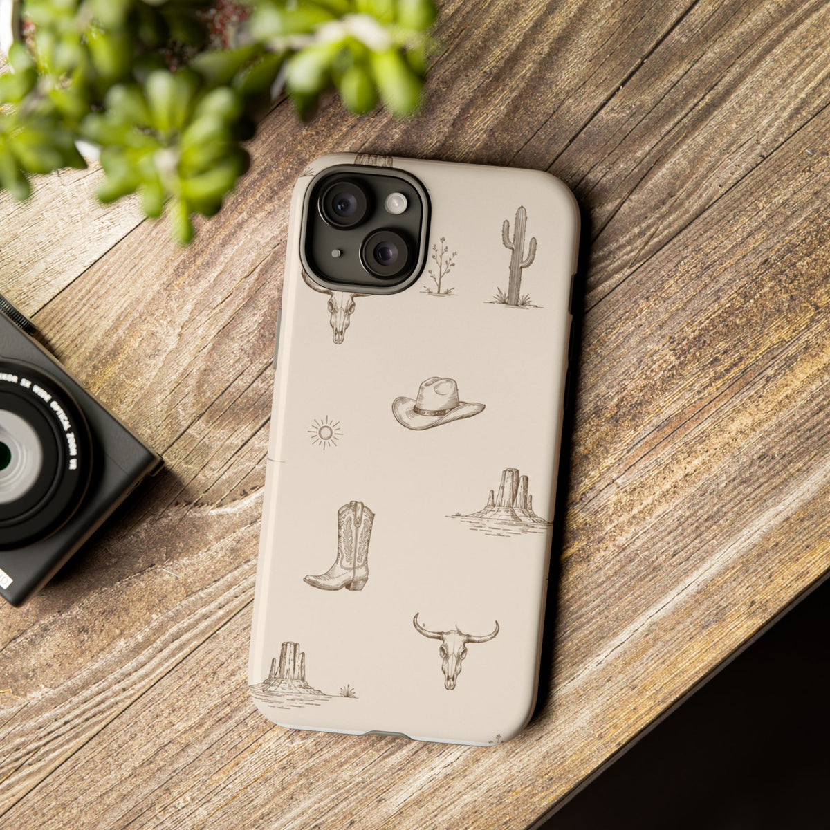 Western Desert Phone Case — Cowboy Boots, Cactus & Skull Pattern