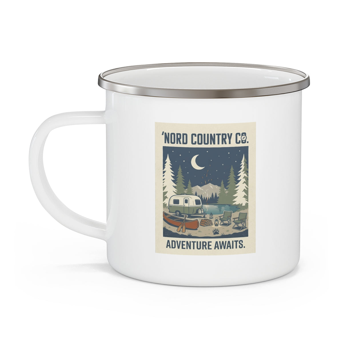 Tasse de Camping en Émail — Adventure Awaits Camping-Car Vintage